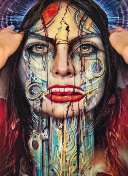 Image similar to creative magic cult psychic woman smiling, third eye concept, subjective consciousness psychedelic, epic surrealism expressionism symbolism, story telling, iconic, dark robed, oil painting, symmetrical face, dark myth mythos, by Sandra Chevrier, Noriyoshi Ohrai masterpiece