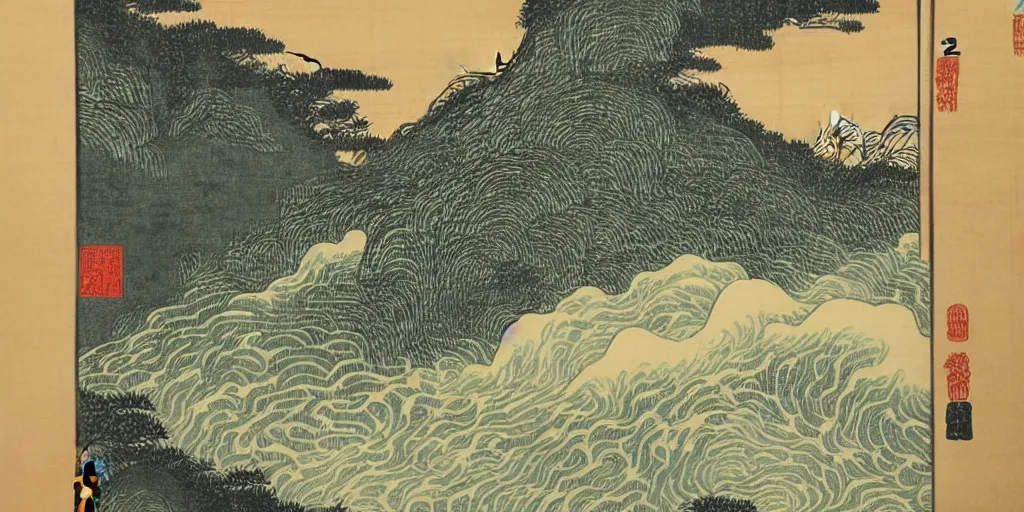 Image similar to A Korean woodblock print of mountains, two waterfalls and a roaring river