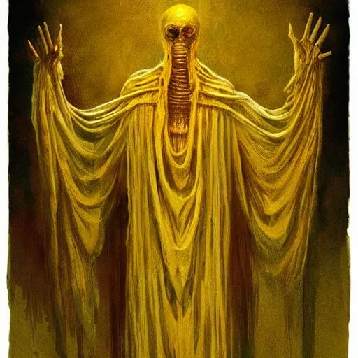 Image similar to Hastur the King in Yellow mummified monarch by Greg Rutkowski and Zdzisław Beksiński, high quality painting