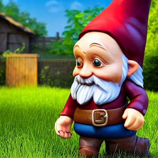 Image similar to gnome on a back yard, highly detailed, photorealistic portrait, bright studio setting, studio lighting, crisp quality and light reflections, unreal engine 5 quality render