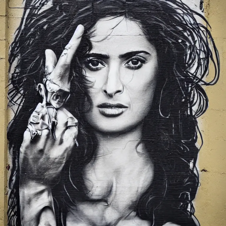 Image similar to Street-art portrait of Salma Hayek in style of Banksy, long hair like a waves around the face, photorealism, Sony a7R