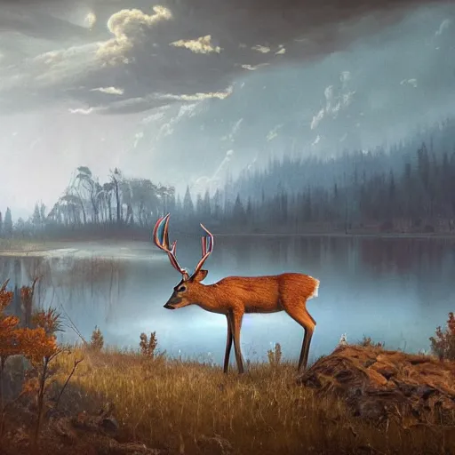 Prompt: a forest in a extreme fallout, with radioactive paths and flames everywhere, a deer is in the middle of the scenery and drinks out of a lake by greg rutkowski, 4 k, realistic oil painting