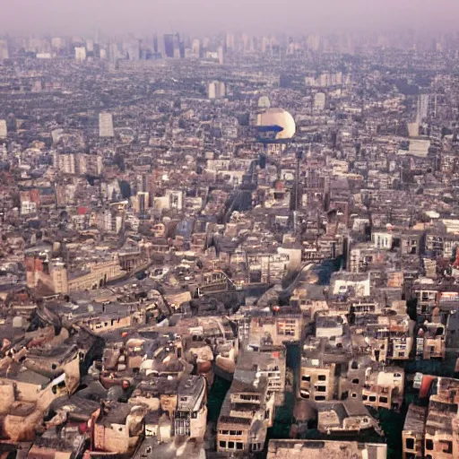 Prompt: A huge city built on top of the blood red moon