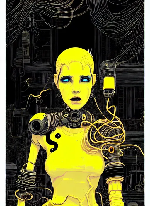 Prompt: highly detailed portrait of wasteland punk long curly bright yellow and white plasma electricity hair tribal lady, stray electric spark wiring by atey ghailan, james gilleard, by joe fenton, by greg rutkowski, by greg tocchini, by kaethe butcher, 4 k resolution, gradient yellow, black and white color scheme!!! ( ( lightning cloudy robotic dystopian city background ) )