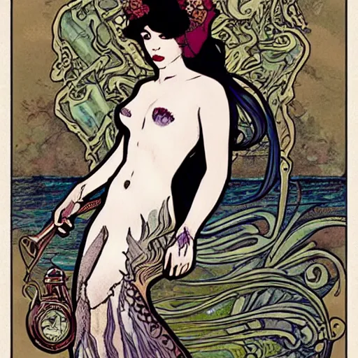 Image similar to sherlock holmes mermaid in the style of mucha