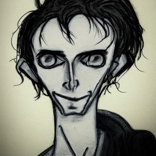 Image similar to young man portrait, black hair, skinny, sleep deprived, corpse bride art style