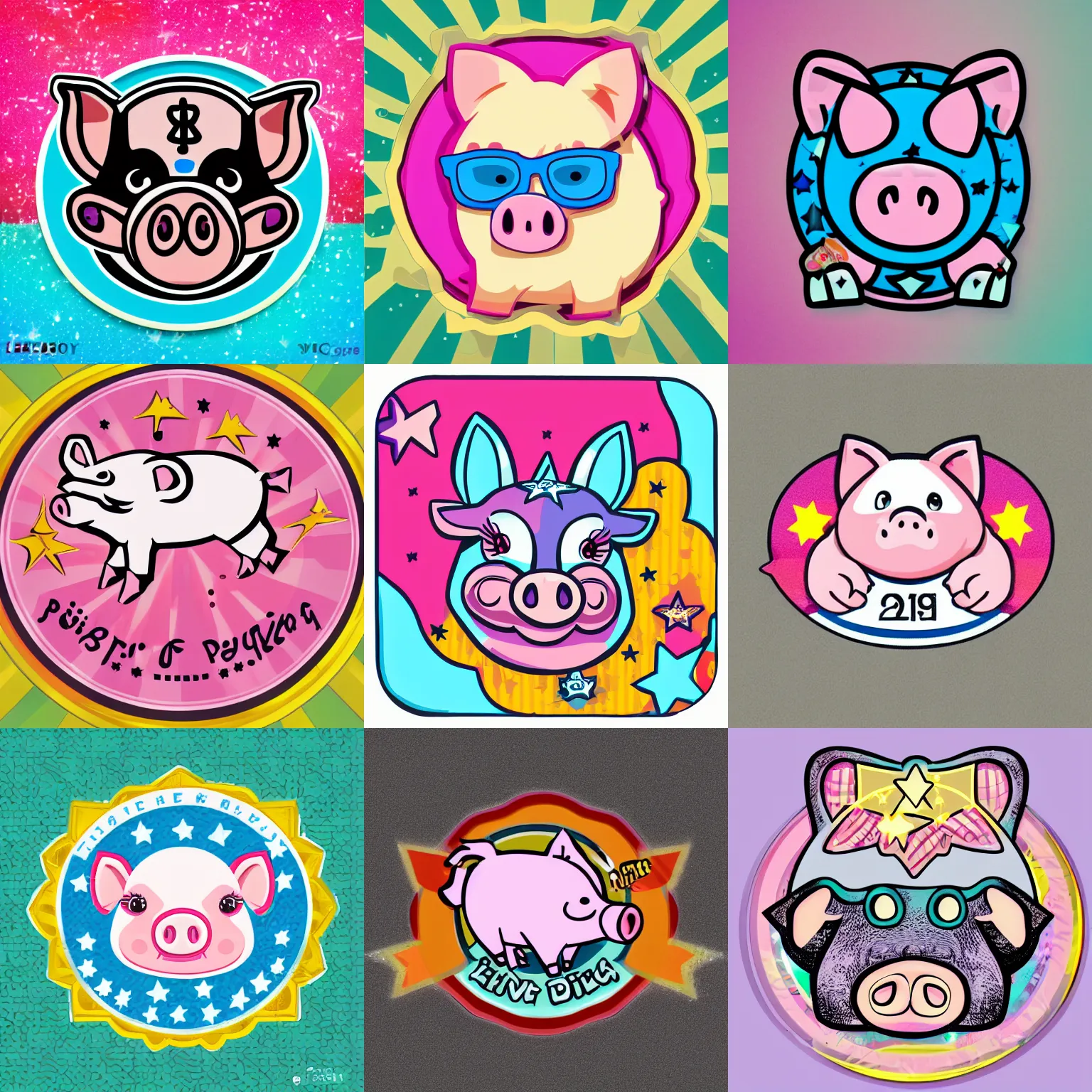 Prompt: 🐷 🤑 ☭ 🌟 🌠 cute piggie badge designed by lisa frank, dollar sign, cartoon paypig, vector graphics icon, svg, symmetrical, transparent background, cute, metal, enamel, cloicsonne, vintage