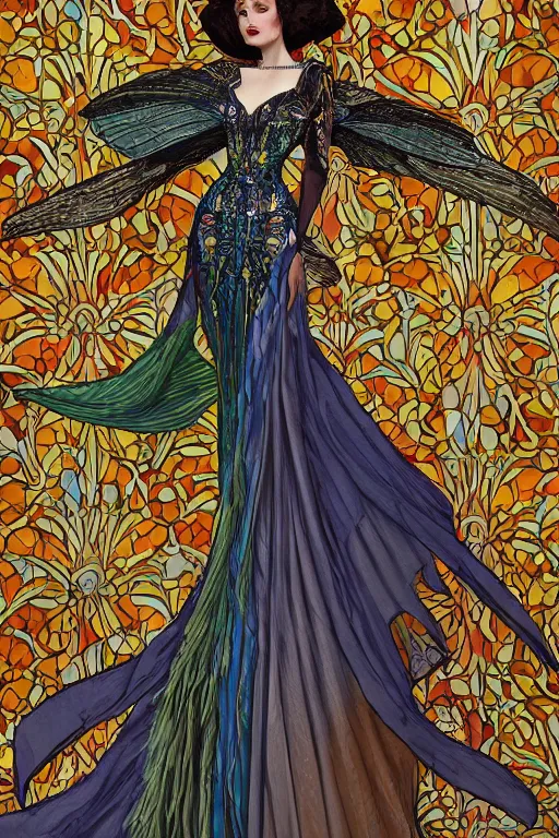 Prompt: beautiful woman wearing avant-garde gown, fabric print large wing patterns of monarch butterflies, stained glass, art nouveau, Alexander McQueen haute couture gown, costume design, flower background, illustration, dramatic lighting, soft details, painting, by Edmund Blair Leighton, Brom, Charlie Bowater, trending on artstation, faces by otto schmidt