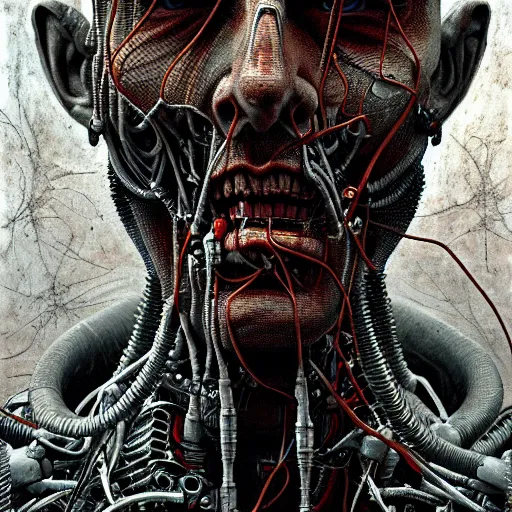 Image similar to ultra realist intricate detailed horror painting of a single rugged cyborg male, bearded face and cyborg tech on body and legs, symmetry accurate features, cyberpunk, industrial, apocalyptic, very intricate details, focus, high resolution, 8 k resolution, dramatic lighting, artstyle alex ries and zdzisław beksinski, award winning