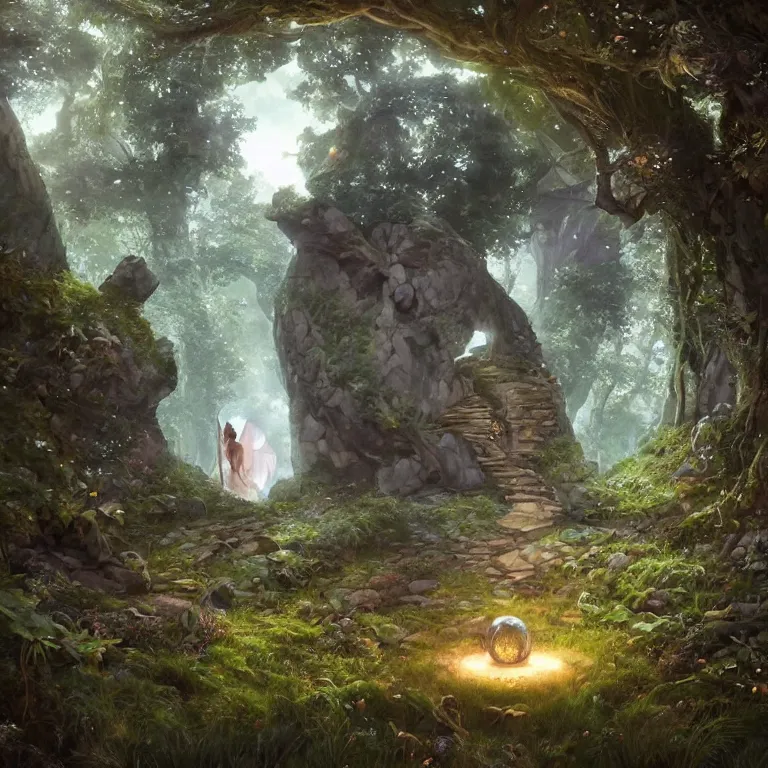 Image similar to Fantasy Magical fairy-tale stone portal in the forest. Round stone portal teleport in trees to other worlds. Fantastic landscape. Magic Altar in the fores, highly detailed, digital painting, artstation, concept art, smooth, sharp focus, illustration, art by artgerm and greg rutkowski and alphonse mucha