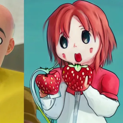 Prompt: a cute strawberry with two front teeth, holding a yellow toothbrush, in the style of shinji aramaki