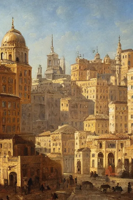 Image similar to painting of view of old European city with mix of middle eastern architecture fusion, photoreal, morning city view , painting by Charles Leickert , old master painting