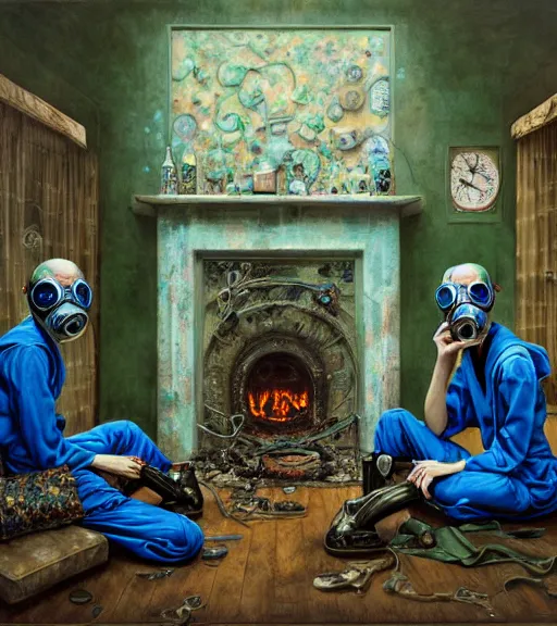 Prompt: two exhausted, skinny, fleshy doctors wearing ornate gas masks and silky green and blue scrubs sit next to a fireplace with swirling blue flames, inside a deserted hospital, ayami kojima, karol bak, greg hildebrandt, mark brooks, hauntingly surreal, highly detailed painting part by james jean, jenny saville, soft light 4 k