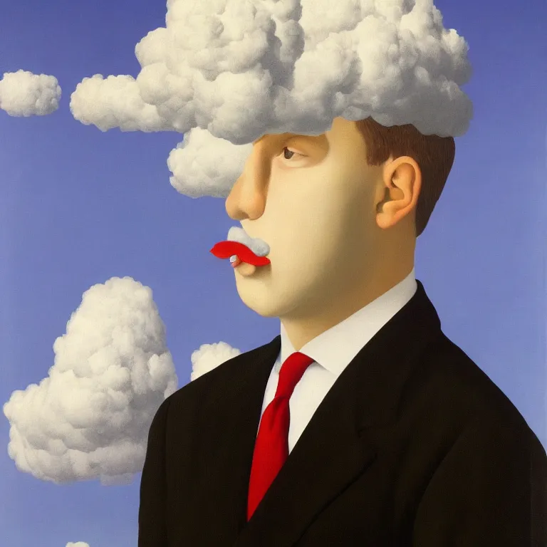 Prompt: portrait of mister cloud by rene magritte, detailed painting, hd, hq, high resolution, high detail, 4 k, 8 k