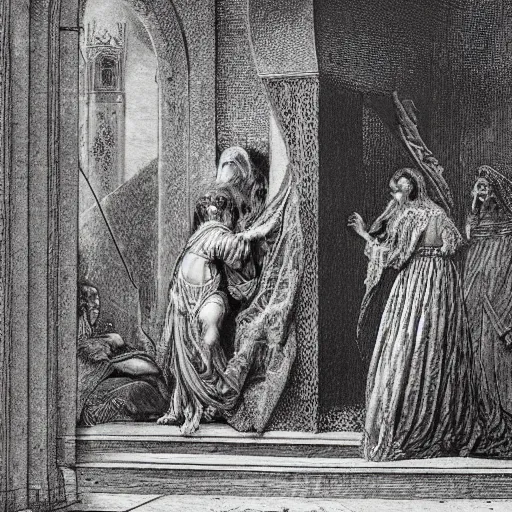 Image similar to a scene from romeo and juliet, high detail, illustration by gustave dore