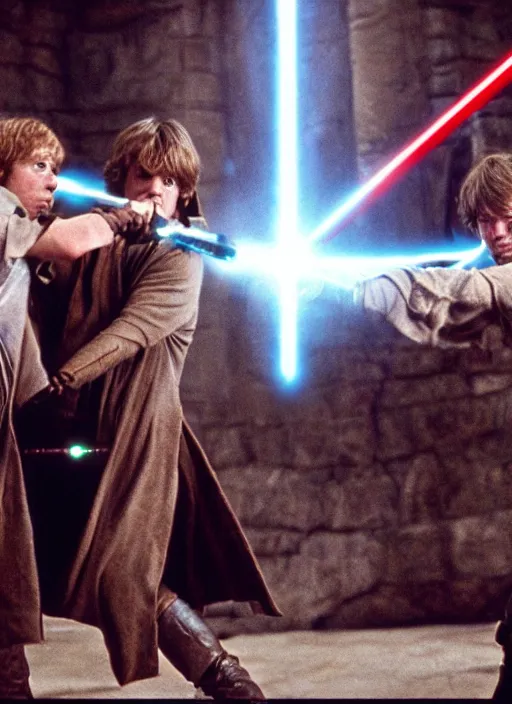 Image similar to Brutal combat Harry Potter vs Luke Skywalker. Film still. Harry Potter on the left side and Luke Skywalker with red light saber on the right side in Hogwarts near a broken X-wing ship, high detail