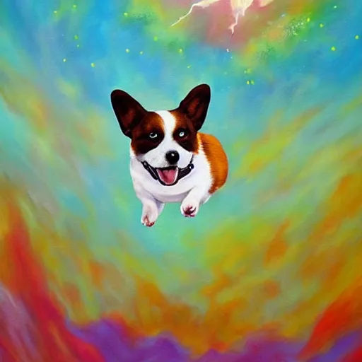 Prompt: corgy dog flying through cosmos, painting