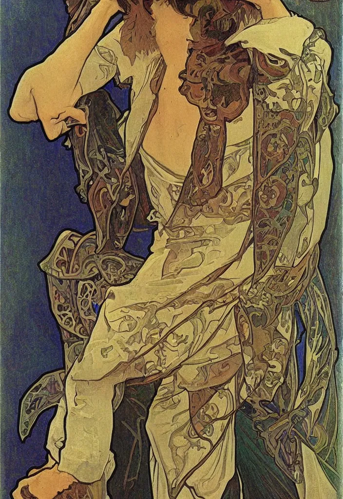 Image similar to realistic ian goodfellow on a tarot card, tarot in art style by alphonse mucha