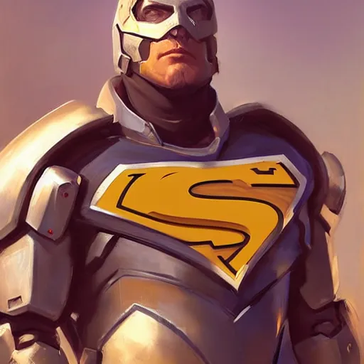 Image similar to greg manchess portrait painting of armored superman as overwatch character, medium shot, asymmetrical, profile picture, organic painting, sunny day, matte painting, bold shapes, hard edges, street art, trending on artstation, by huang guangjian and gil elvgren and sachin teng