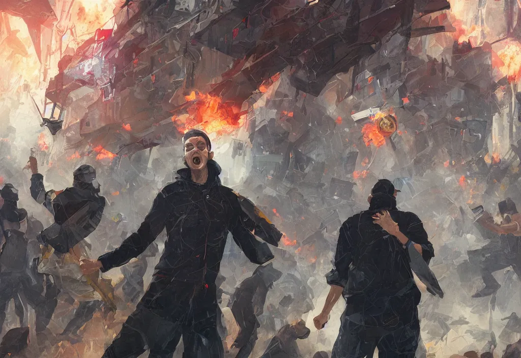 Image similar to angry protester holding placard, detailed digital illustration by greg rutkowski, medium shot, android netrunner