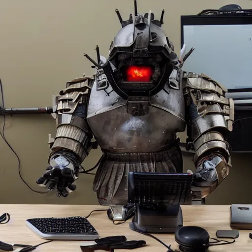 Image similar to angry man in juggernaut armor burning a desktop tower pc with a military flamethrower