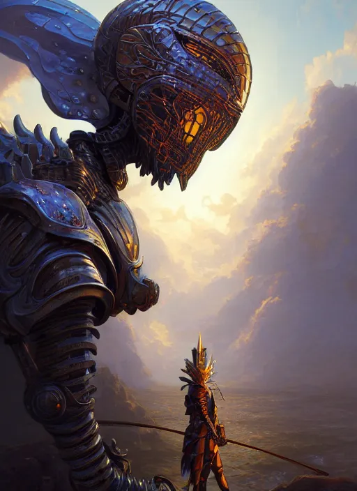 Image similar to highly detailed portrait of reflection of dragonfire on shiny knight helmet, raytracing, fantasy art by by simon bisley, loish, rhads, ferdinand knab, makoto shinkai and lois van baarle, ilya kuvshinov, rossdraws, tom bagshaw, global illumination, radiant light, detailed and intricate environment