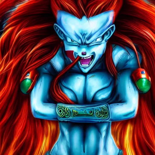 Image similar to a gorgeously defined character with long red hair and immensly glowing eyes, wearing saiyan armor with blue baggy pants, surrealism art, portrait!!, intricately detailed, 4 k quality