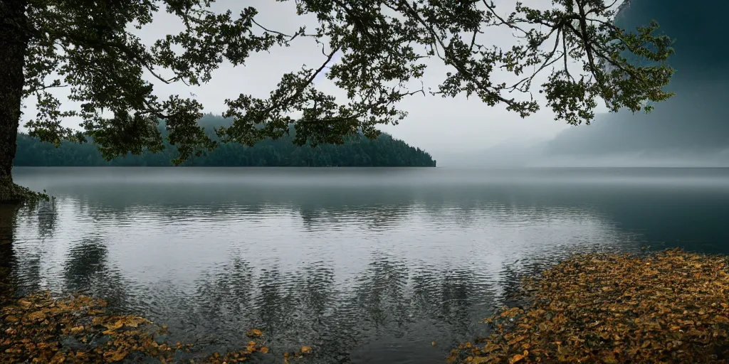 Prompt: centered photograph of a infintely long rope zig zagging across the surface of the water into the distance, floating submerged rope stretching out towards the center of the lake, a dark lake on a cloudy day, atmospheric, color film, trees in the background, hyper - detailed photo, anamorphic lens