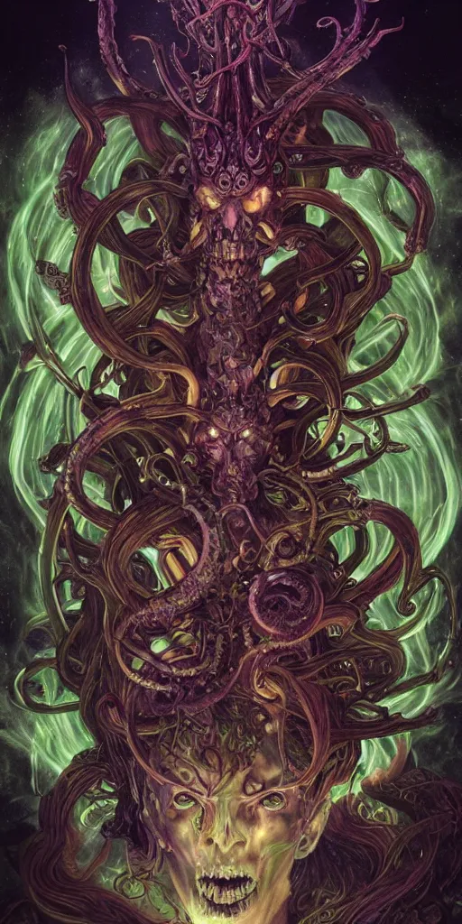 Image similar to intense glowing angry pagan fungus god with horns and tentacles and intense glowing eyes and a mossy skull in very dark cosmic space by karol bak and artgerm and alphonse mucha, portrait, fantasy, clear, light beams, lens flare, intense, uhd, amazing depth, cinematic lighting, deep green and teal and brown and shining gold