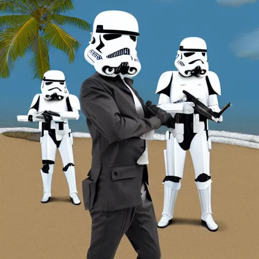 Image similar to An Imperial Stormtrooper dressed as a CEO holding a pencil in a bungalow on the beach, Digital art