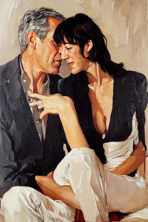 Image similar to jeffrey epstein and ghislaine maxwell, painting by jc leyendecker!! phil hale!, angular, brush strokes, painterly, vintage, crisp