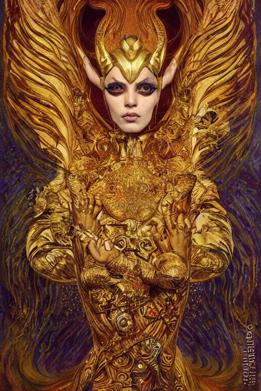 Prompt: Intermittent Chance of Chaos Muse by Karol Bak, Jean Deville, Gustav Klimt, and Vincent Van Gogh, beautiful Surreality portrait, enigma, Loki's Pet Project, destiny, Poe's Angel, fate, inspiration, muse, otherworldly, fractal structures, arcane, ornate gilded medieval icon, third eye, spirals