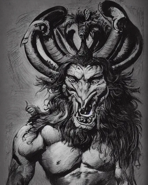 Image similar to a creature with the body and eyes of a man, with the beak of an eagle, the mane of a lion, and the horns of an ox. drawn by frank frazetta