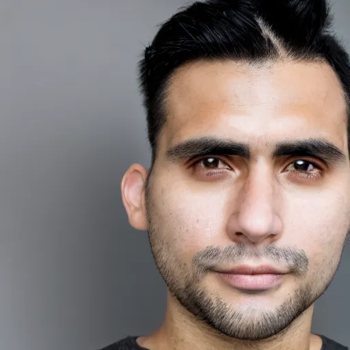 Image similar to close up of face of good looking 3 0 year old peruvian man with clean shaven face, no beard, thin face, skinny, very short straight black hair in a quiff style, color portrait, 4 k