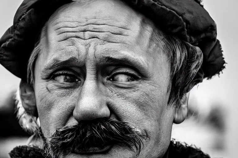 Prompt: putin as a homeless clown. portrait. gritty black and white photograph.