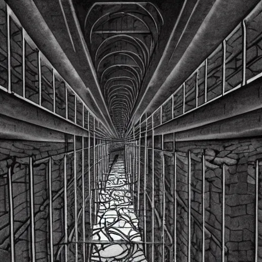Prompt: a terrifying dark hallway with many doors and many stairs, impending doom, horror, Mc Escher architecture, epic composition, anime key visual