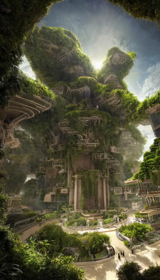 Prompt: a futuristic Hanging Gardens of Babylon with a future scifi ancient god on the middle holding a portal that's about to explode, sweat drops, insane, intricate, highly detailed, oil painting, smooth, sharp focus, Unreal Engine 5, 8K, art by Diego Velázquez