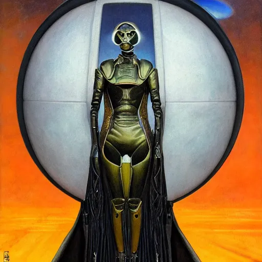 Image similar to portrait of beautiful gothic and futuristic fashion model, space armour, cyber armour, highly detailed, artstation, illustration, composition, 8 k quality, art by jean delville, rene magritte, hyperrealism oil painting