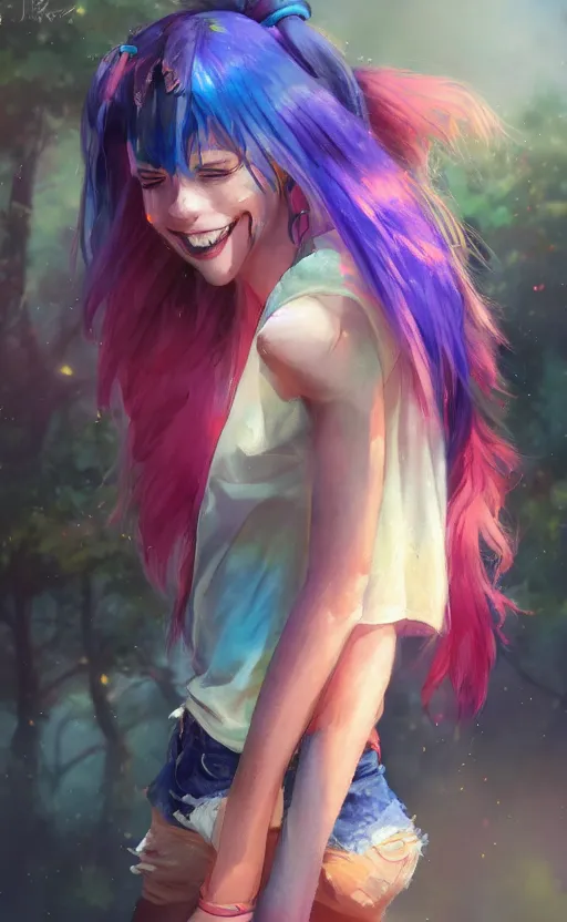 Image similar to a kawaii woman with rainbow hair smiling, tanktop and jeans, In style of by Jordan Grimmer and greg rutkowski, concept art, highly detailed