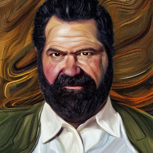 Image similar to uhd photorealisitc high quality high detail painting by lucian freud, exaggerated portrait of billy mays as the devil, studio lighting