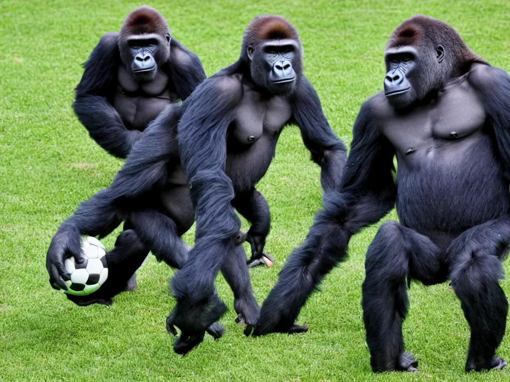 Image similar to gorilla playin soccer, vivid