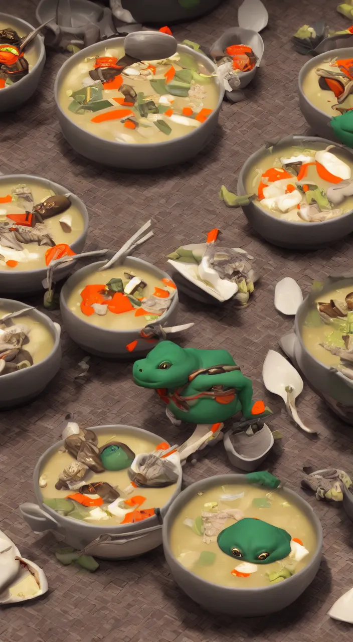 Prompt: little ninja turtles in soup in a chinese restaurant, a chinese man eats this soup, super realistic, super detailed, high octane, photorealistic, rendering 8 k, 8 k octane, unreal engine