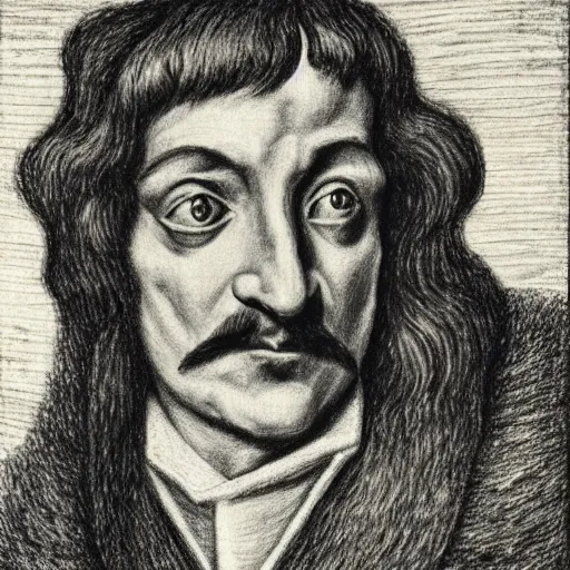 Image similar to Close-up of Descartes, pencil drawing. El Greco, Remedios Varo, Salvador Dali, Carl Gustav Carus, John Atkinson Grimshaw. Blue tint. Symetrical, logo, geometric shapes.