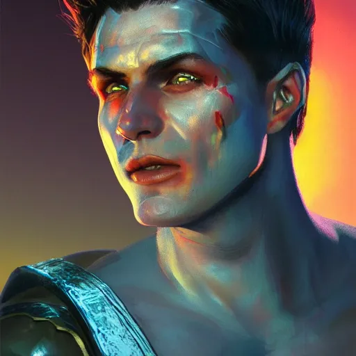 Image similar to Bright, colorful, realistic roman rpg single individual headshot dramatic backlighting, kodachrome, high contrast, highly detailed, sharp focus, digital painting, concept art, illustration, trending on artstation, comic book by Alex Ross cover art