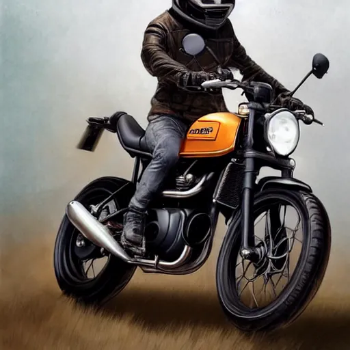 Prompt: a bunny riding!!! a 8 6 suzuki dr 6 0 0 scrambler, highly detailed, digital painting, artstation, concept art, matte, sharp focus, highly detailed, 4 k, hdr, smooth, sharp focus, high resolution, award - winning photo, photorealistic, art by artgerm and greg rutkowski and alphonse mucha, large shot