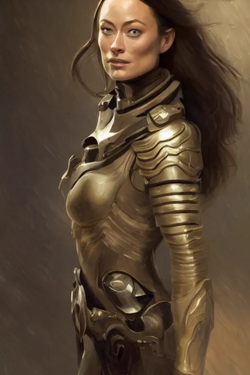 Image similar to a professional painting of a young Olivia Wilde, clothes in military armor, olive skin, long dark hair, beautiful bone structure, symmetrical facial features, intricate, elegant, digital painting, concept art, smooth, sharp focus, illustration, from StarCraft by Ruan Jia and Mandy Jurgens and Artgerm and William-Adolphe Bouguerea