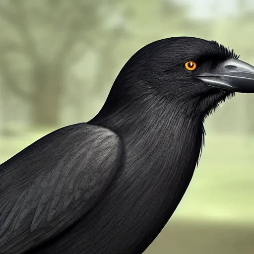 Image similar to a friendly crow in a park in a rainy day, digital painting, ultra detailed, unreal engine 5,