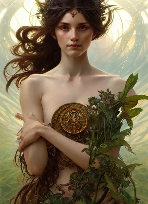 Prompt: portrait of a goddess of nature, half body, perfect face, d & d, fantasy, intricate, elegant, highly detailed, digital painting, artstation, concept art, smooth, sharp focus, illustration, art by artgerm and greg rutkowski and alphonse mucha