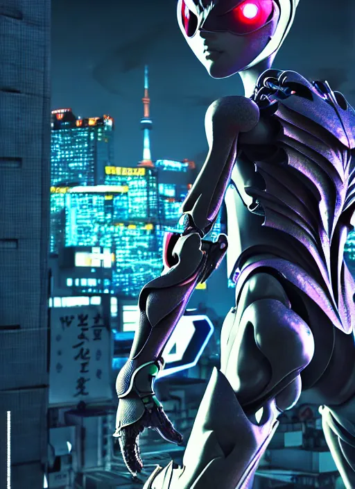 Image similar to kamen rider action pose, human structure insects concept art, full body hero, intricate detail, art and illustration by irakli nadar and kim hyung tae and alexandre ferra, global illumination, on tokyo cyberpunk night rooftop