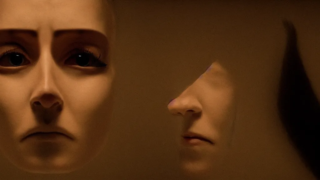 Image similar to haunted human face, film still from the movie directed by Denis Villeneuve with art direction by Salvador Dalí, wide lens